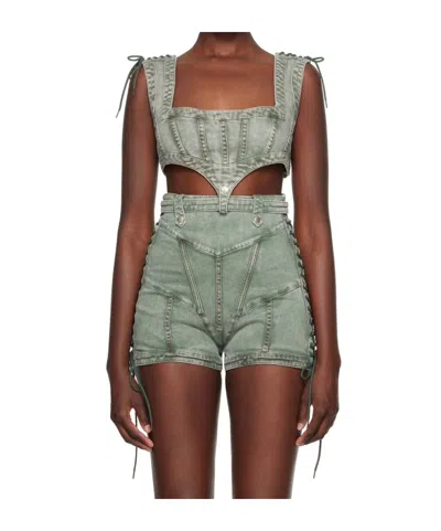 Jean Paul Gaultier Lace-up Denim Corset Top In Green