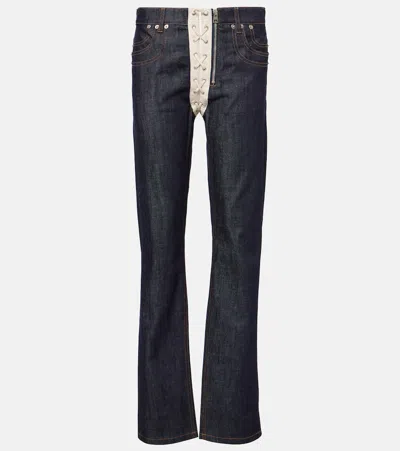 Jean Paul Gaultier Lace-up High-rise Straight Jeans In Indigo/beige