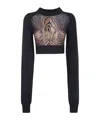 Jean Paul Gaultier Lambswool Ribbed Long Sleeves Cropped Sweater With Printed Mesh Cut Out Details C