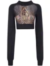Jean Paul Gaultier Lambswool Ribbed Long Sleeves Cropped Sweater With Printed Mesh Cut Out Details C In Black