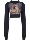 Jean Paul Gaultier Lambswool Ribbed Long Sleeves Cropped Sweater With Printed Mesh Cut Out Details C In Black