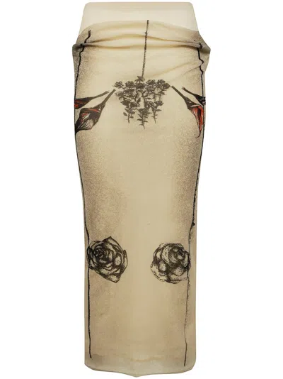 Jean Paul Gaultier Mesh Printed Double Layer Midi Skirt In Beige
