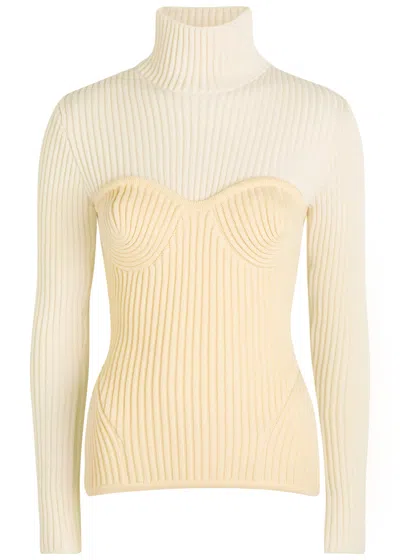 Jean Paul Gaultier Layered Ribbed Wool-blend Top In Beige