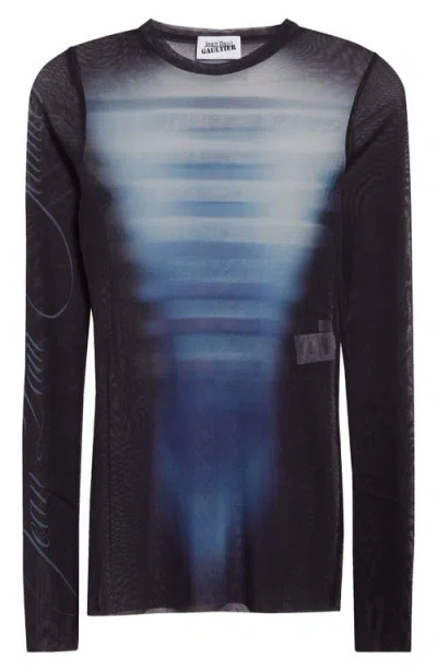 Jean Paul Gaultier Le Mâle Print Tulle Top In Navy/light Blue/white