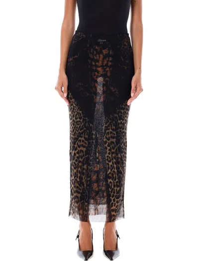 Jean Paul Gaultier Leopard Mesh Long Skirt In Black