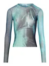 Jean Paul Gaultier Crew Neck Sheer Abstract Print Top In Blue