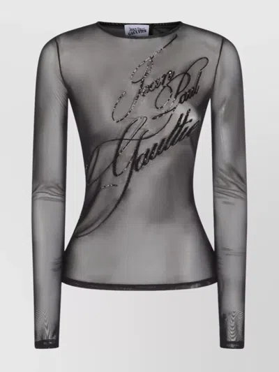 Jean Paul Gaultier Logo Embroidered Fitted Sheer Top In Black