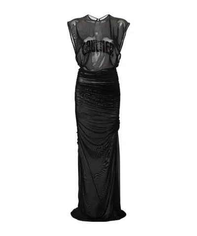 Jean Paul Gaultier Logo-embroidered Mesh Maxi Dress In Black