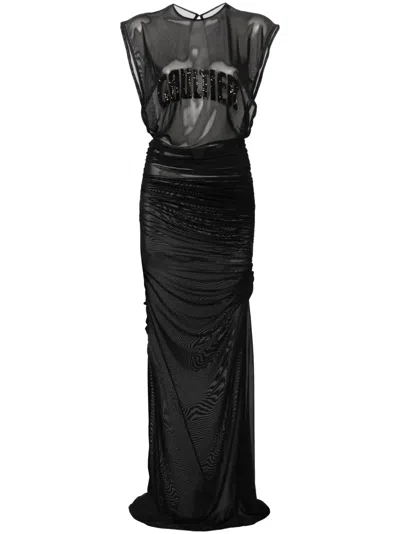 Jean Paul Gaultier Logo-embroidered Mesh Maxi Dress In Black