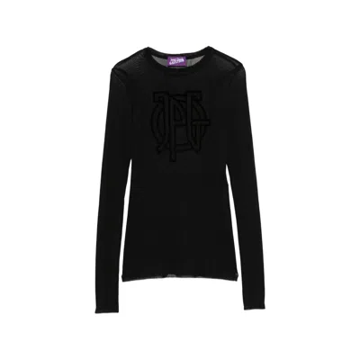 Jean Paul Gaultier Logo-embroidered Mesh Blouse In Black