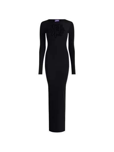 Jean Paul Gaultier Logo Embellished Mesh Maxi Dress In Black