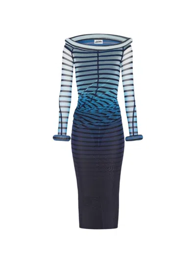 JEAN PAUL GAULTIER JEAN PAUL GAULTIER LONG 3D STRIPED DRESS - BLUE AND BLACK