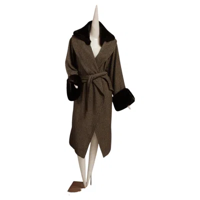 Pre-owned Jean Paul Gaultier , Long Cross Hatch Black And White Print, Faux Fur Cuffs Coat