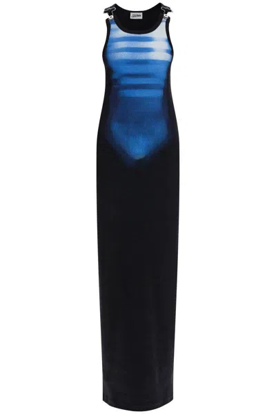 Jean Paul Gaultier Long Fitted Sleeveless Dress In Black And Blue Ribbed Cotton In Multi