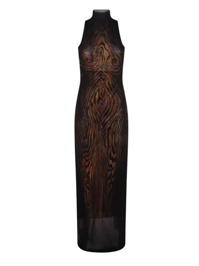 Jean Paul Gaultier Long Mesh Dress Double-layer "wood" Printed Long Mesh Dress In Black