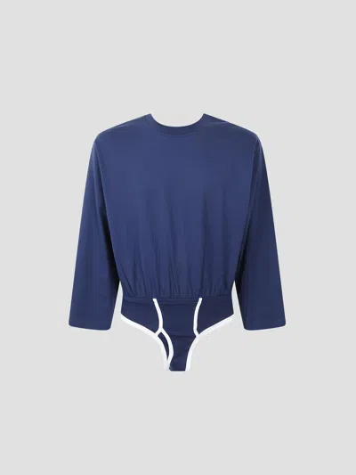 Jean Paul Gaultier Long Sleeve Bodysuit With Twisted Tee In Blue