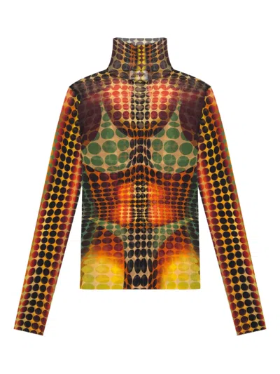 Jean Paul Gaultier High Neck Top Sheer Geometric Pattern In Multi