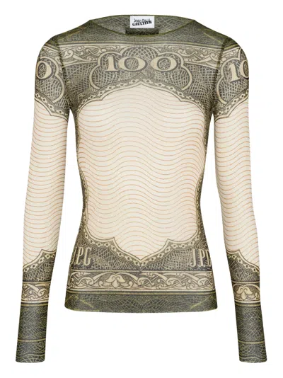 Jean Paul Gaultier Long-sleeved Sheer Top With Vintage Currency Print In Gray