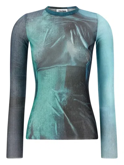 Jean Paul Gaultier Long-sleeved Mesh Shirt With Water Print For Women In Blue