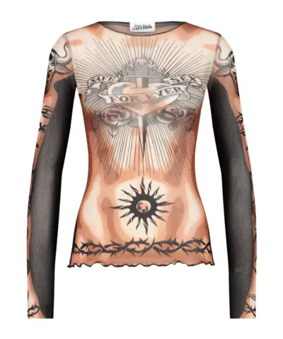 Jean Paul Gaultier Tattoo-inspired Sheer Long-sleeved Top With Bold Motifs In Brown