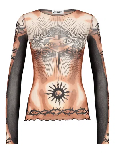 Jean Paul Gaultier Tattoo-inspired Sheer Long-sleeved Top With Bold Motifs In Brown