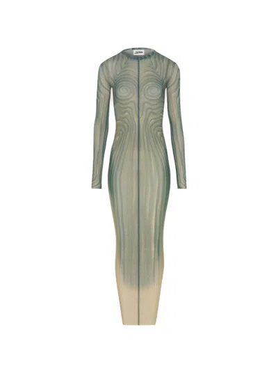 Jean Paul Gaultier Long Spiral Dress Ecru And Aqua In Green