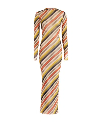 Jean Paul Gaultier Retro Stripe Printed Mesh Maxi Dress In Multi