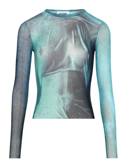 Jean Paul Gaultier Long-sleeved Mesh Shirt With Water Print For Women In Blue