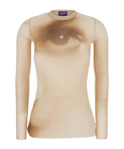 Jean Paul Gaultier Face Printed Mesh Blouse In Brown