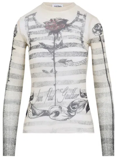 JEAN PAUL GAULTIER L/S TATTOO MARINIERE TOP WOMAN ECRU