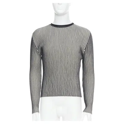Pre-owned Jean Paul Gaultier Maille Homme 100% Virgin Wool White Navy Ribbed Top M