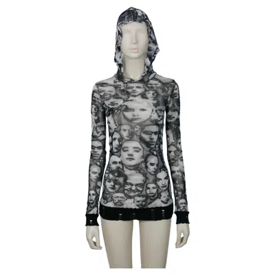 Pre-owned Jean Paul Gaultier Maille Vintage Iconic Faces Print Mesh Hooded Top Size S In Gray