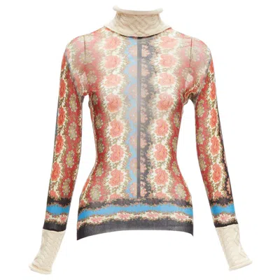 Pre-owned Jean Paul Gaultier Maille Vintage Red Paisley Sheer Mesh Cable Knit Turtleneck S