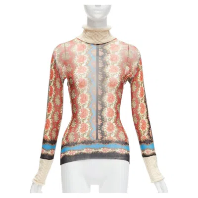 Pre-owned Jean Paul Gaultier Maille Vintage Red Paisley Sheer Mesh Cable Knit Turtleneck S