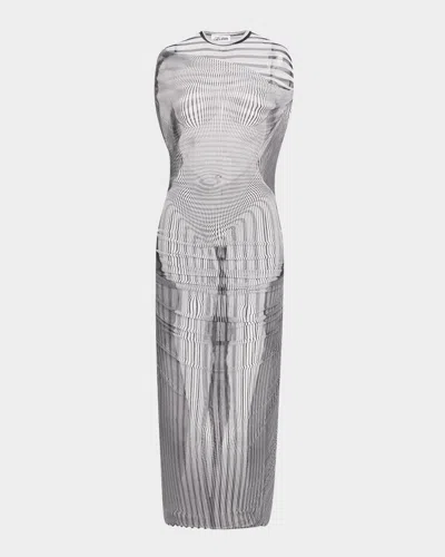 Jean Paul Gaultier Long Dress With Asymmetric Neckline And Striped Pattern In Gray