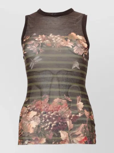 Jean Paul Gaultier Mariniere Grape Floral Sheer Sleeveless Top In Brown