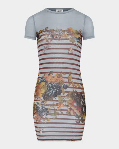 Jean Paul Gaultier Mariniere Grapes-print Mesh Short-sleeve Mini Dress In Blue