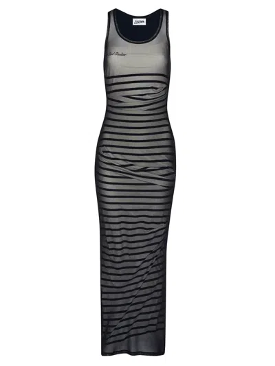 Jean Paul Gaultier Striped Printed Mesh Long Dress In Black