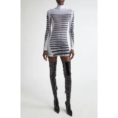 Jean Paul Gaultier Marinière Print Long Sleeve Body-con Layered Mesh Minidress In White/ Navy/ Black