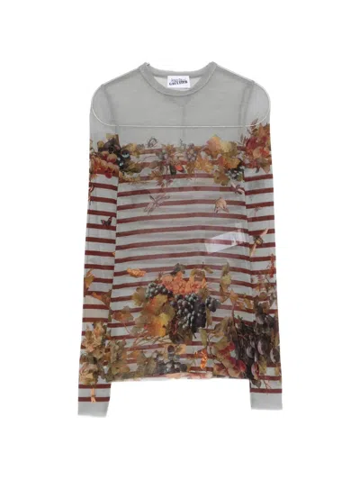 Jean Paul Gaultier Fitted Long-sleeve Top With Botanical Print In Gray