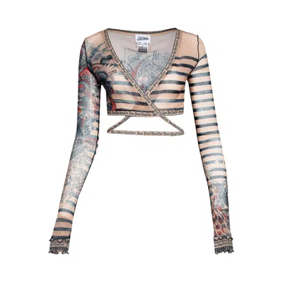 Pre-owned Jean Paul Gaultier Mariniere Tattoo V-neck Long-sleeve Top 'nude/blue/red'