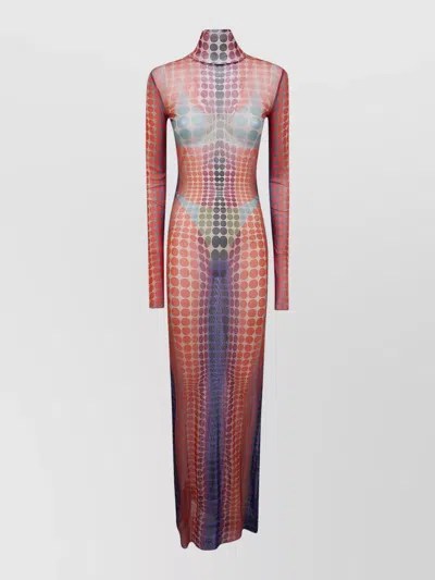 Jean Paul Gaultier Maxi Dress High Neck Long Sleeves Sheer In Burgundy