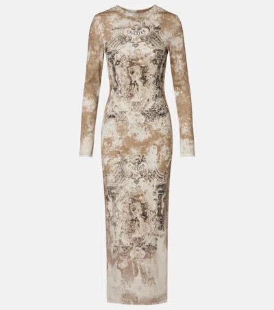 Jean Paul Gaultier Medallion Print Long Sleeve Mesh Body-con Dress In Brown