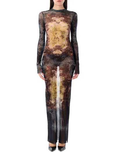 Jean Paul Gaultier Medallion Print Mesh Long Skirt In Multi