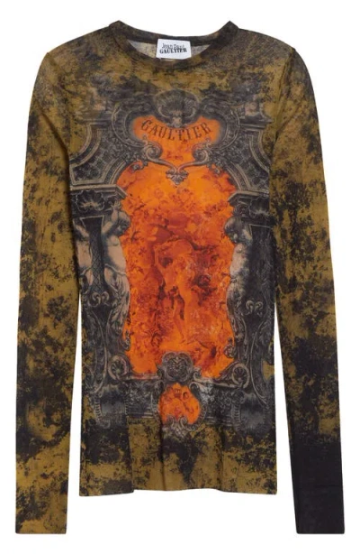 JEAN PAUL GAULTIER JEAN PAUL GAULTIER MEDALLION PRINT LONG SLEEVE MESH TOP