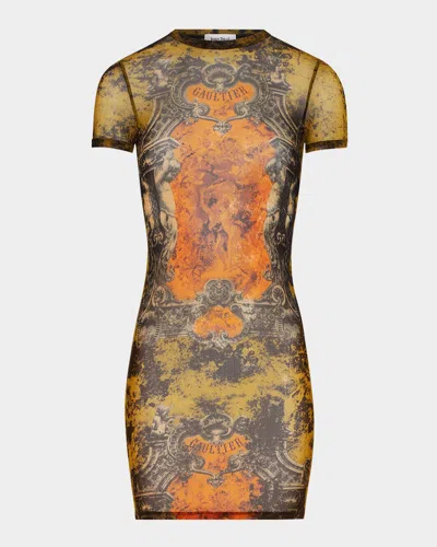 JEAN PAUL GAULTIER MEDALLION-PRINTED MESH SHORT-SLEEVE MINI DRESS