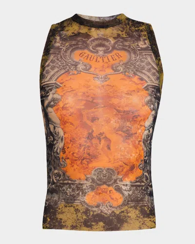 Jean Paul Gaultier Medallion Printed Mesh Tank Top In Black
