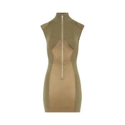 Pre-owned Jean Paul Gaultier Merino Wool Rib/satin Cut Out Zipped Short Dress 'khaki' | Green | Women's Size M