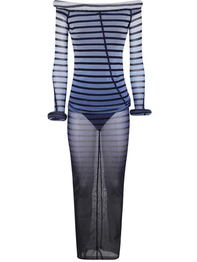 Jean Paul Gaultier Elegant Mesh Boat Neck Long Dress With 3d Collar And Cuff In Multi