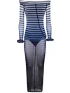 Jean Paul Gaultier Elegant Mesh Boat Neck Long Dress With 3d Collar And Cuff In Black Navy Lightblue